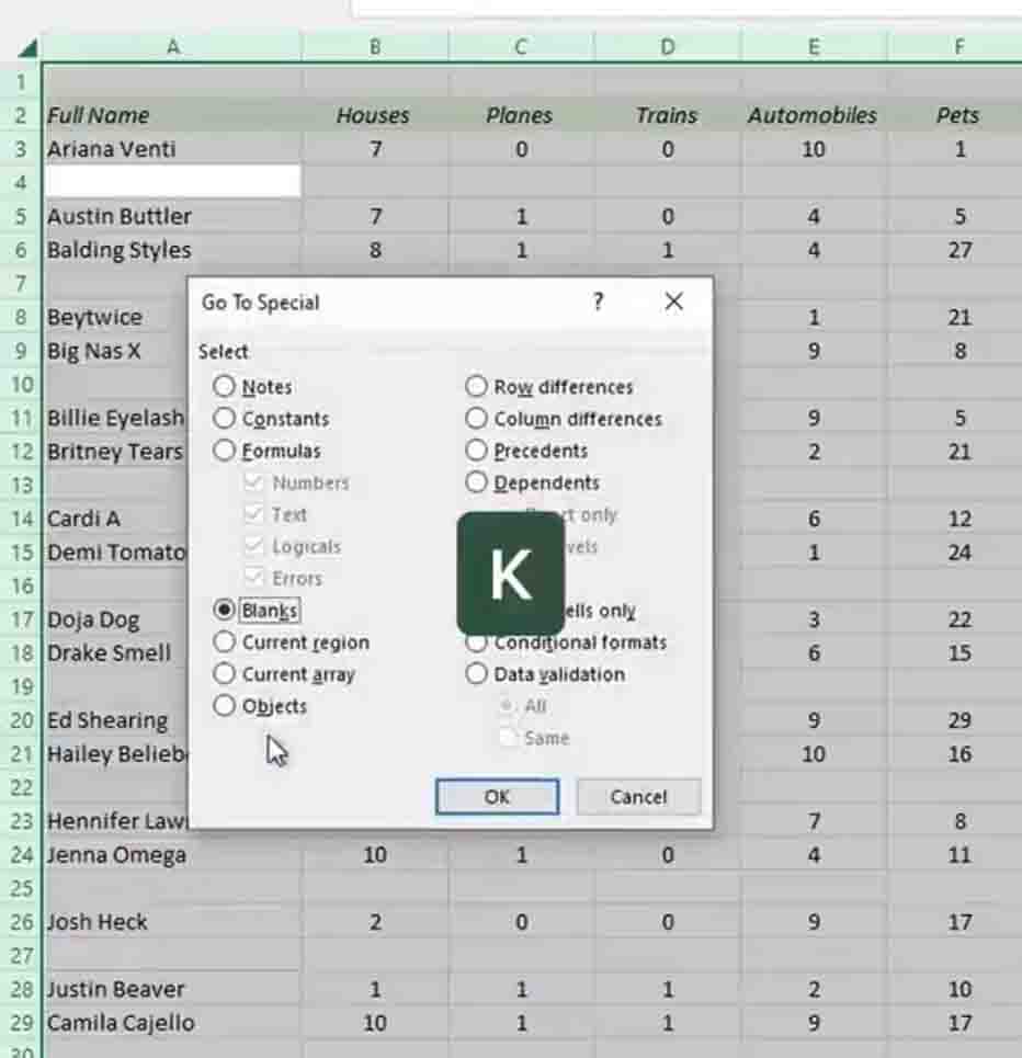 Blank rows in excel